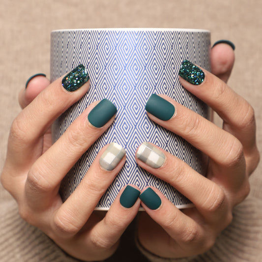 LICK NAILS Green Glitter with Checkered print Press on Nails